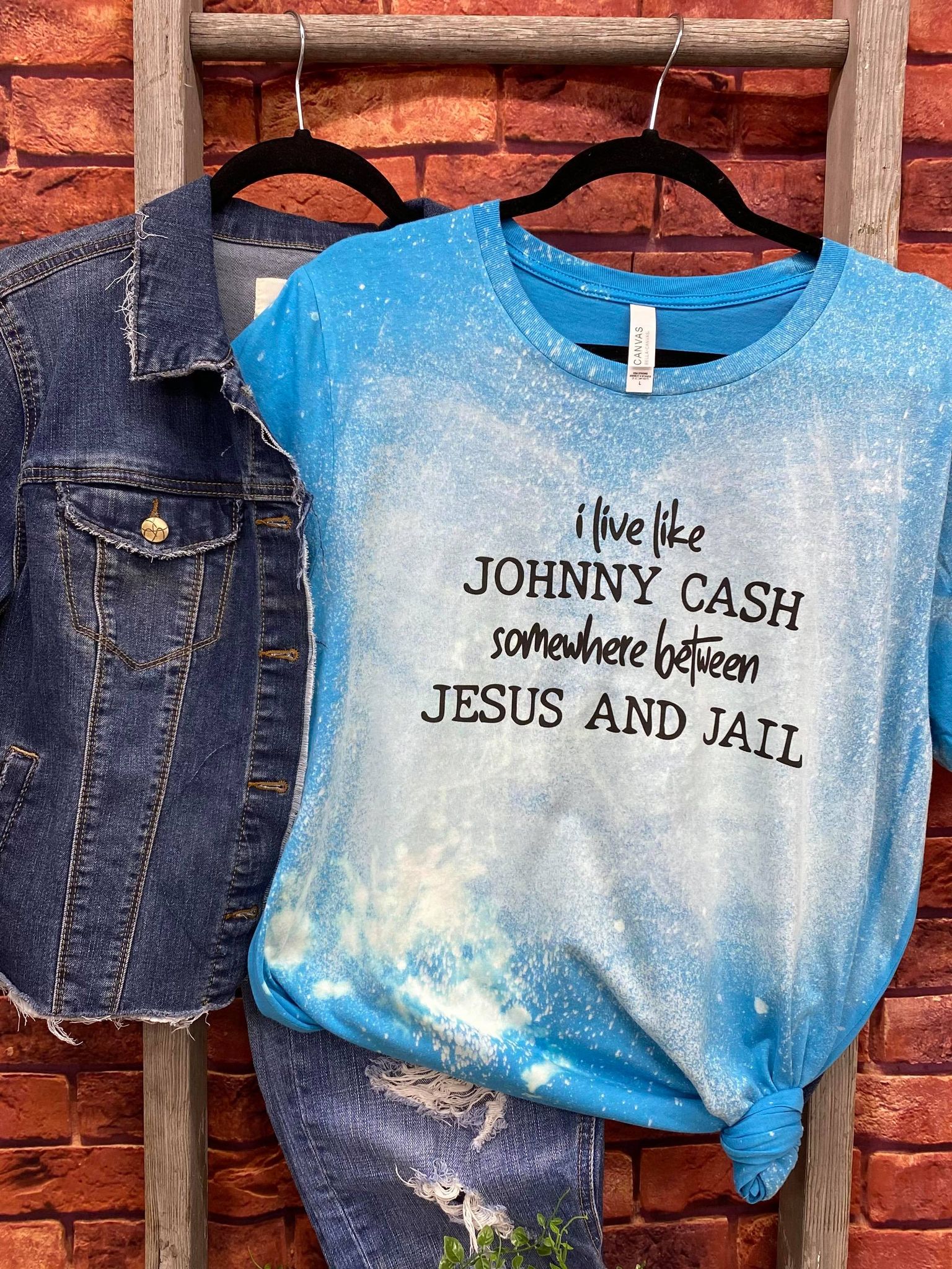 I Live Like Johnny Cash Somewhere Between Jesus & Jail Distressed Bleached TShirt